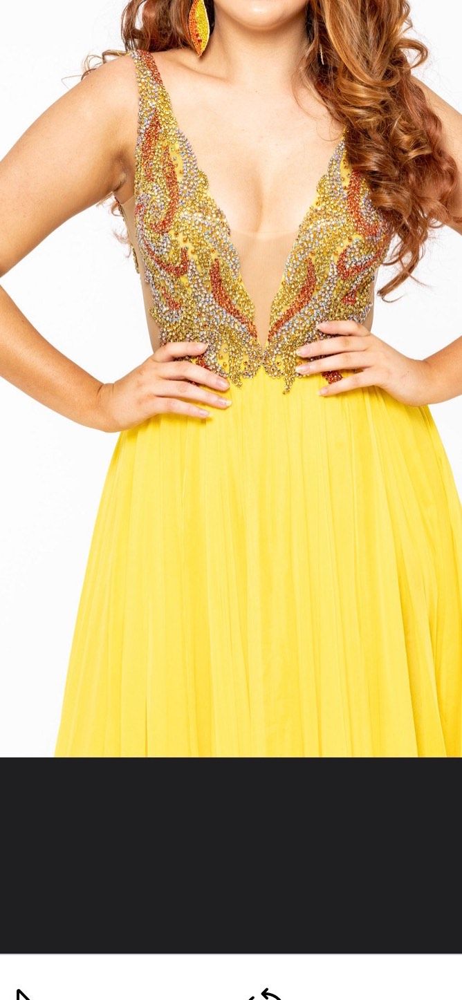 Jovani Size 4 Prom Plunge Sequined Yellow A-line Dress on Queenly