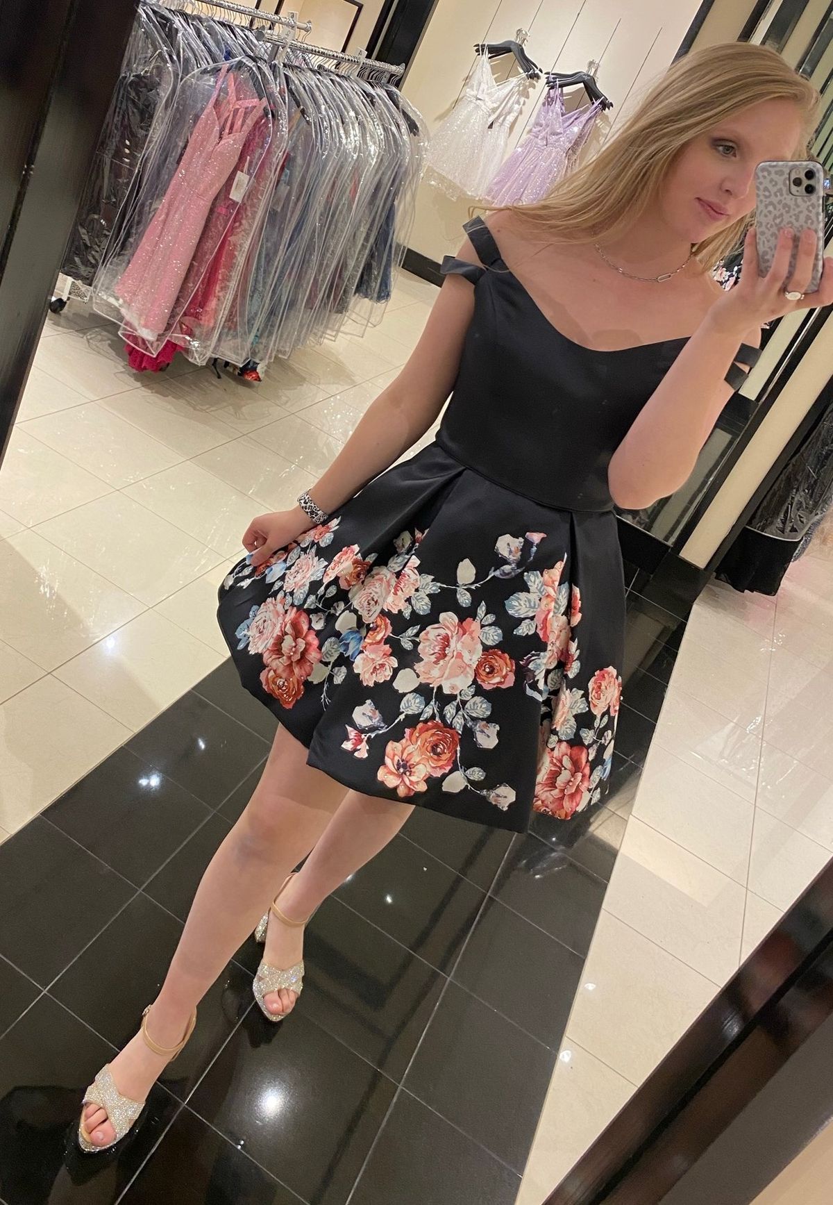 Blush Prom Size 10 Homecoming Off The Shoulder Floral Black Cocktail Dress on Queenly