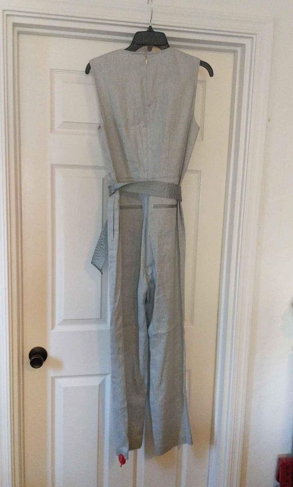 Style 320795P439 Rebecca Taylor Size 8 Satin Silver Formal Jumpsuit on Queenly