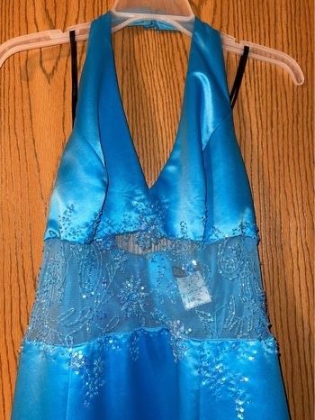 Size 12 Prom Halter Satin Turquoise Blue Ball Gown on Queenly