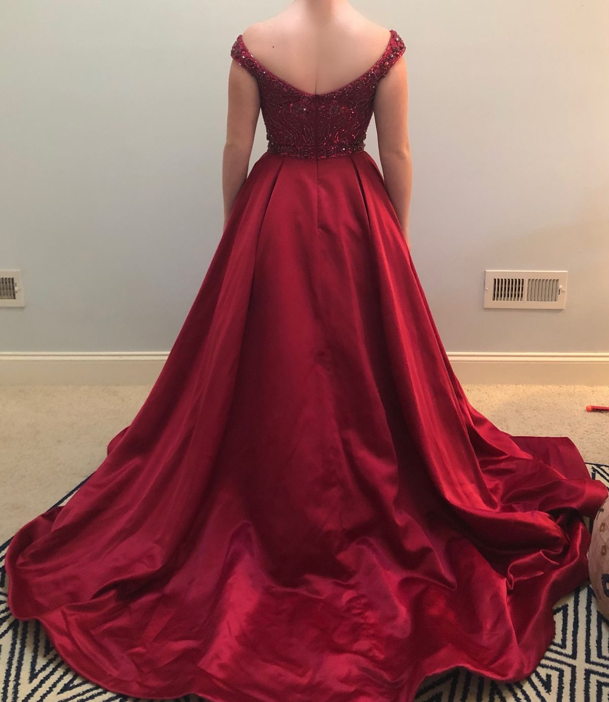 Sherri Hill Size 10 Prom Off The Shoulder Sequined Burgundy Red Ball Gown on Queenly