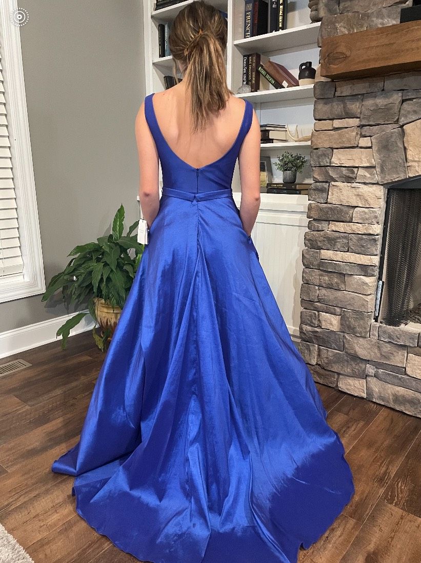 Sherri Hill Size 2 Prom High Neck Satin Royal Blue Ball Gown on Queenly