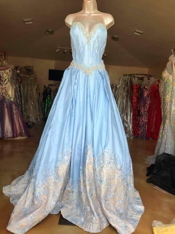 Size 14 Prom Strapless Lace Light Blue Ball Gown on Queenly