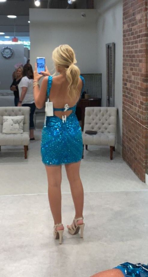Sherri Hill Size 2 Prom High Neck Sequined Turquoise Blue Cocktail Dress on Queenly