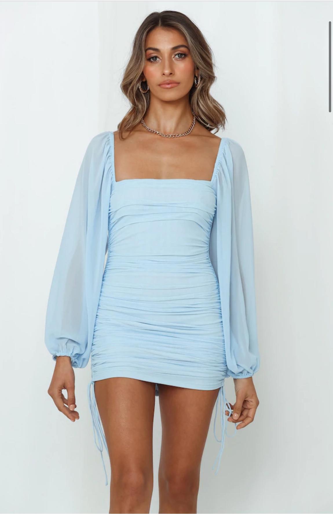 Hello Molly Size 8 Long Sleeve Sheer Light Blue Cocktail Dress on Queenly