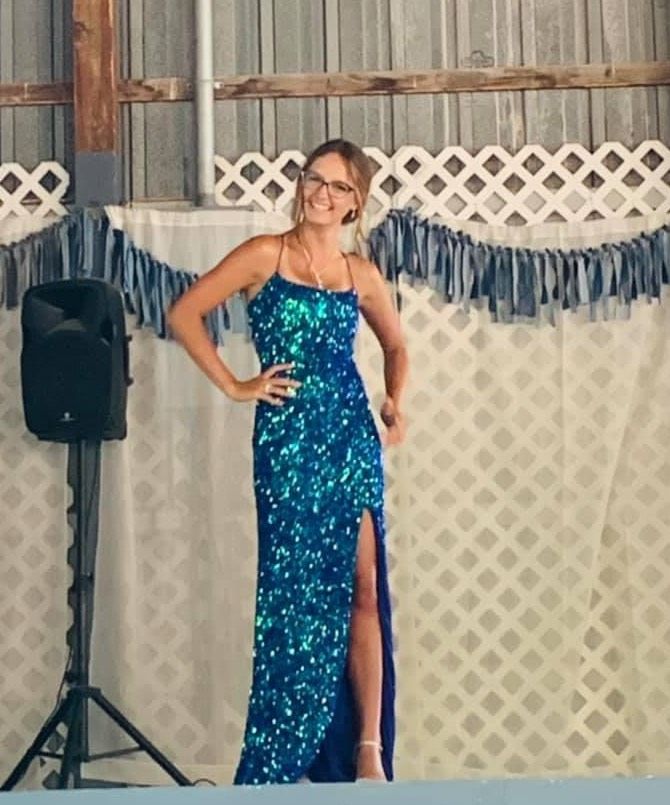 Size 0 Prom Sequined Blue Side Slit Dress on Queenly