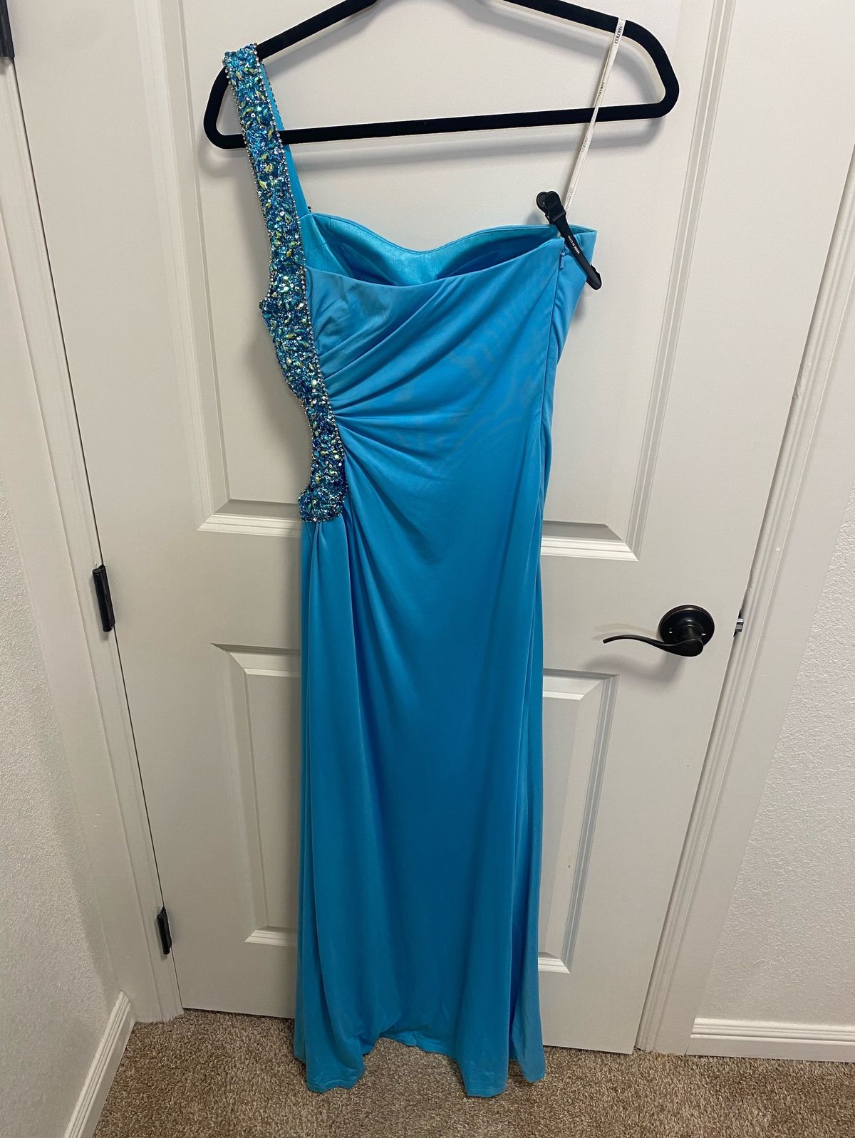 Size 2 Prom One Shoulder Sequined Blue Floor Length Maxi on Queenly