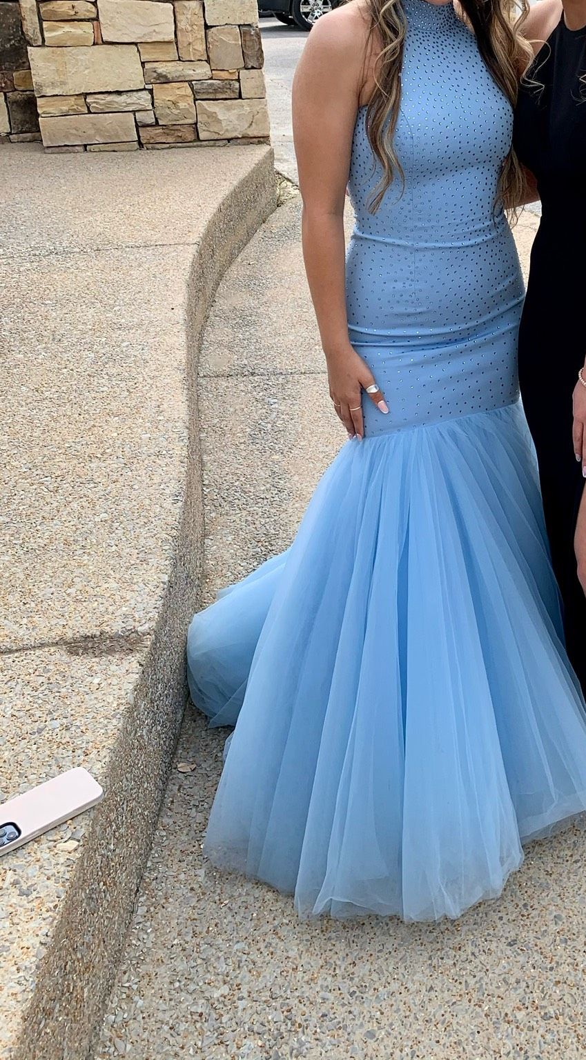 Sherri Hill Size 00 Prom High Neck Sequined Light Blue Mermaid Dress on Queenly