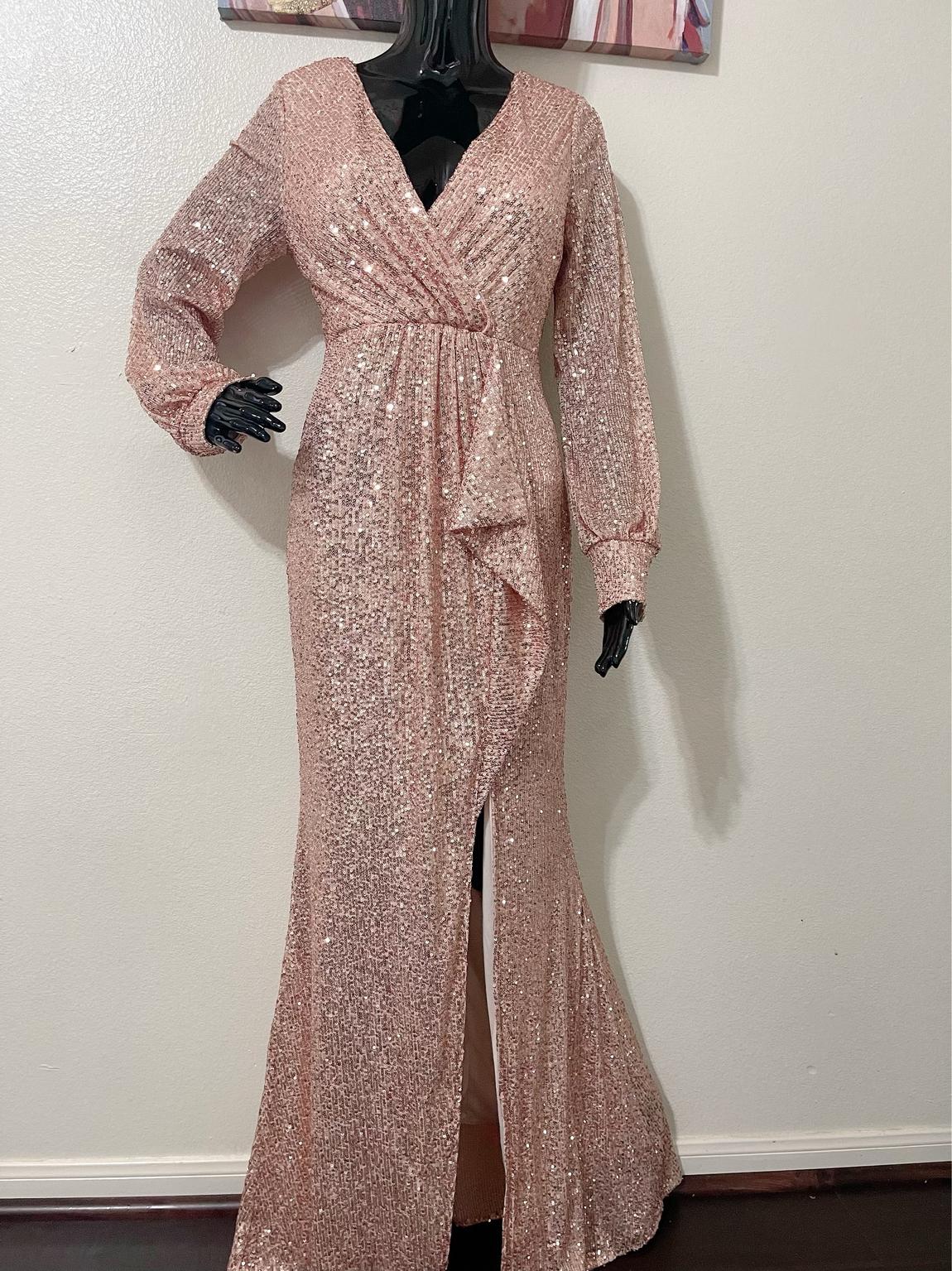 Size 12 Prom Long Sleeve Rose Gold Side Slit Dress on Queenly