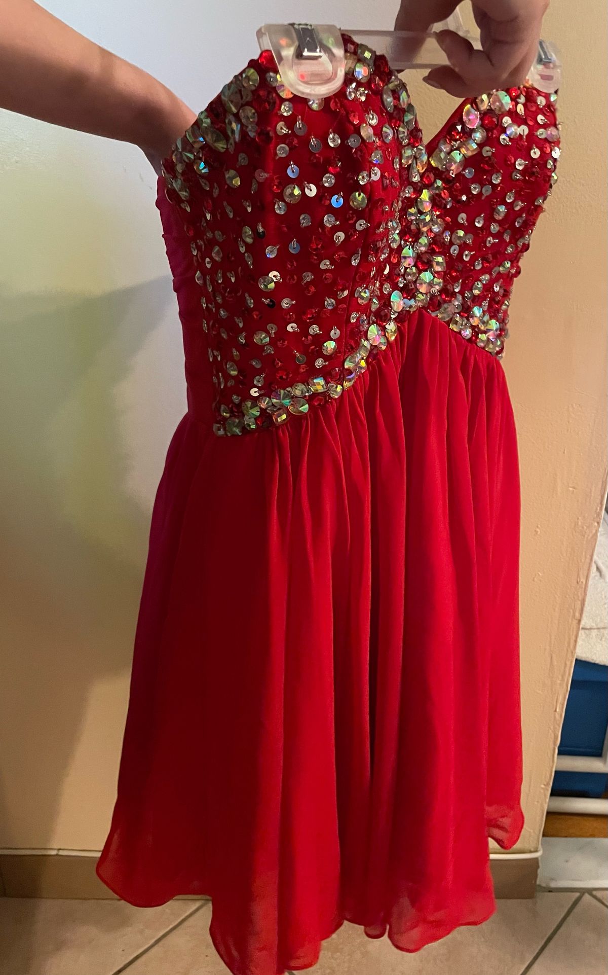 Size 10 Prom Sequined Red Ball Gown on Queenly