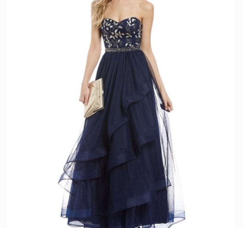 Size 2 Strapless Sequined Navy Blue Ball Gown on Queenly