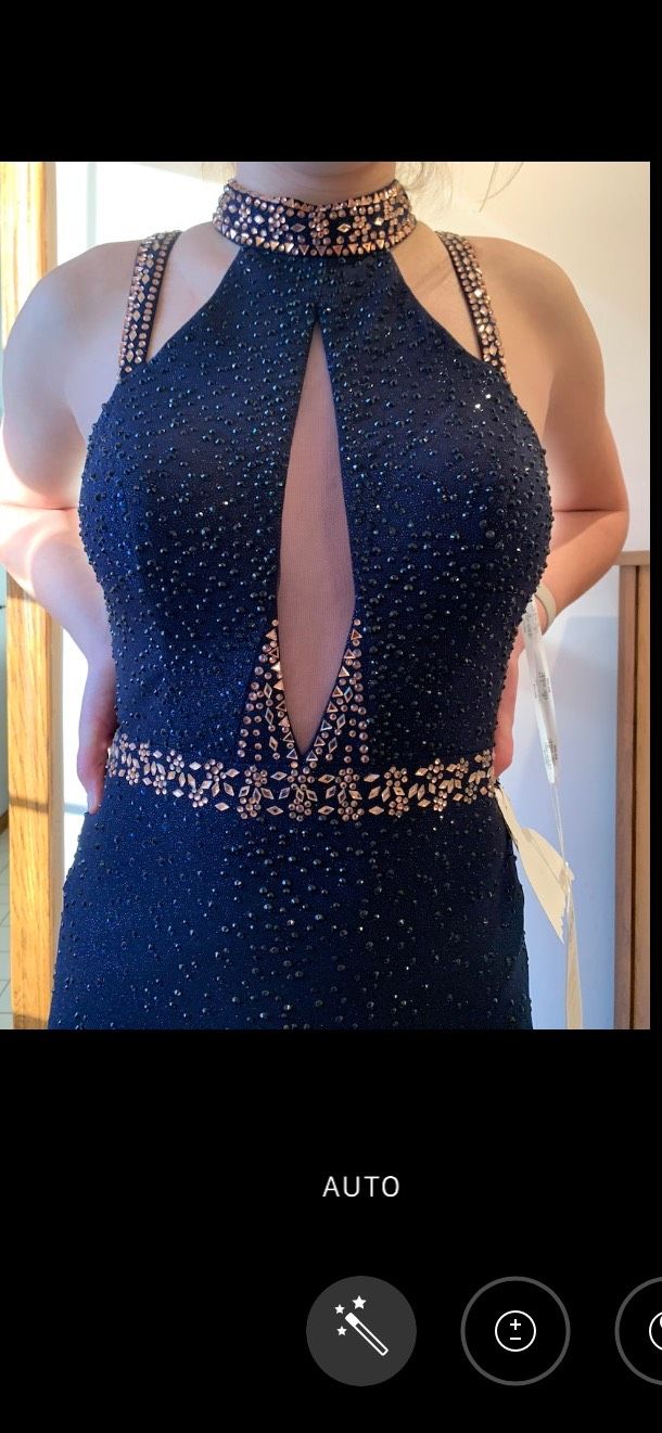 Ellie Wilde Size 6 Prom High Neck Blue Mermaid Dress on Queenly