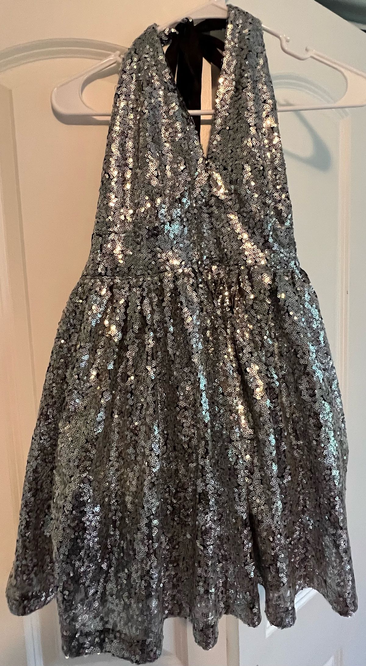 Size 6 Halter Sequined Silver Side Slit Dress on Queenly