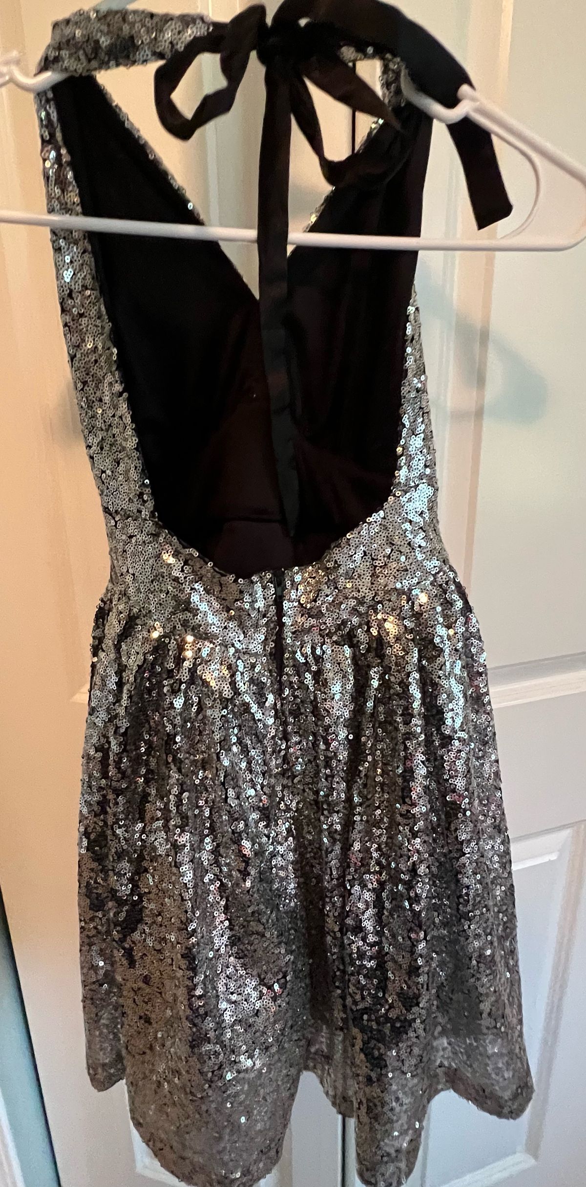 Size 6 Halter Sequined Silver Side Slit Dress on Queenly