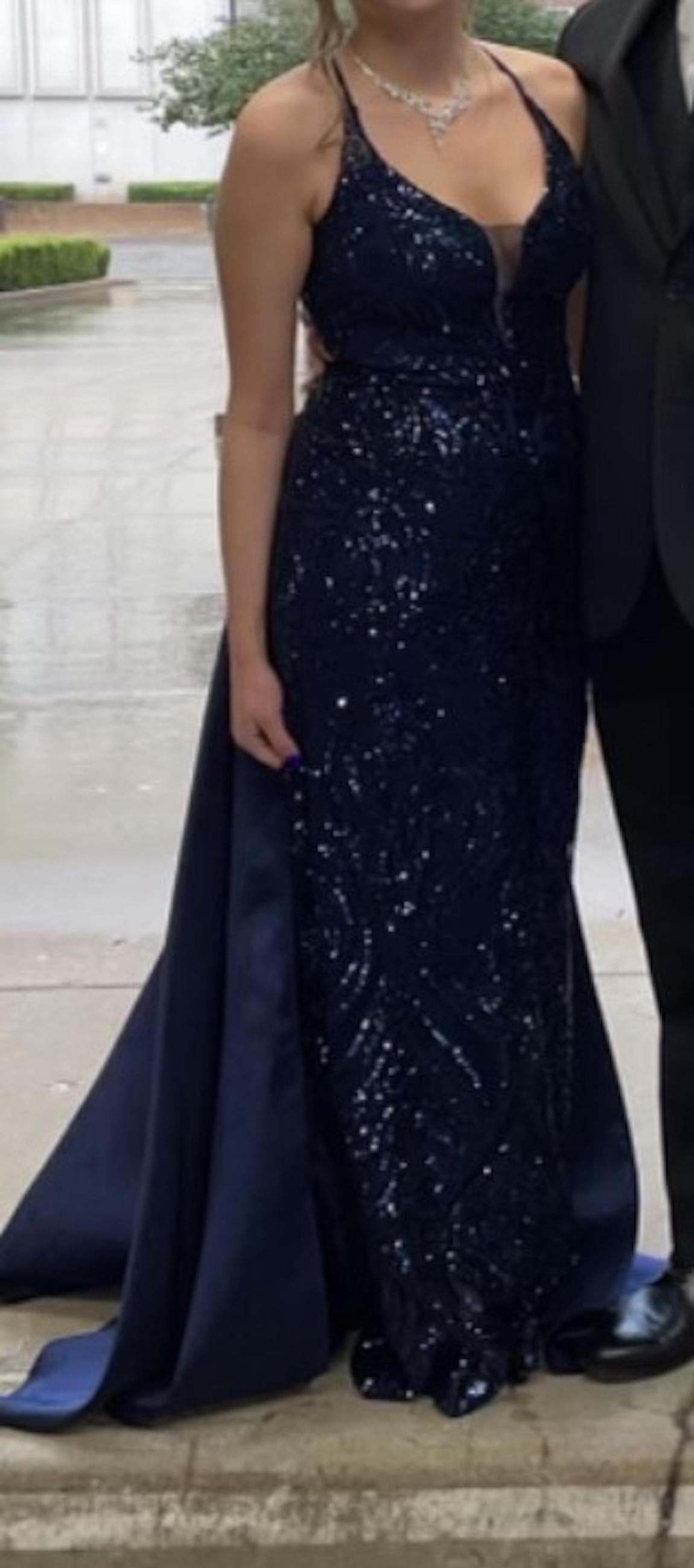 Size 6 Prom Satin Navy Blue Floor Length Maxi on Queenly