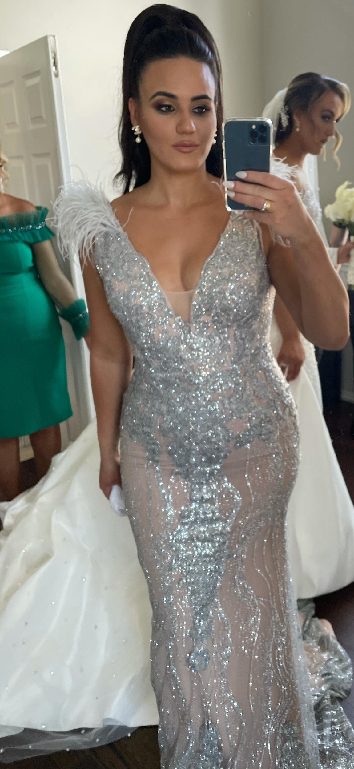 Size 10 Prom Sequined Silver Mermaid Dress on Queenly