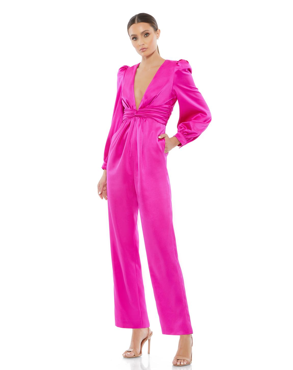 Style 2647 Mac Duggal Size 8 Pageant Interview Plunge Satin Hot Pink Formal Jumpsuit on Queenly