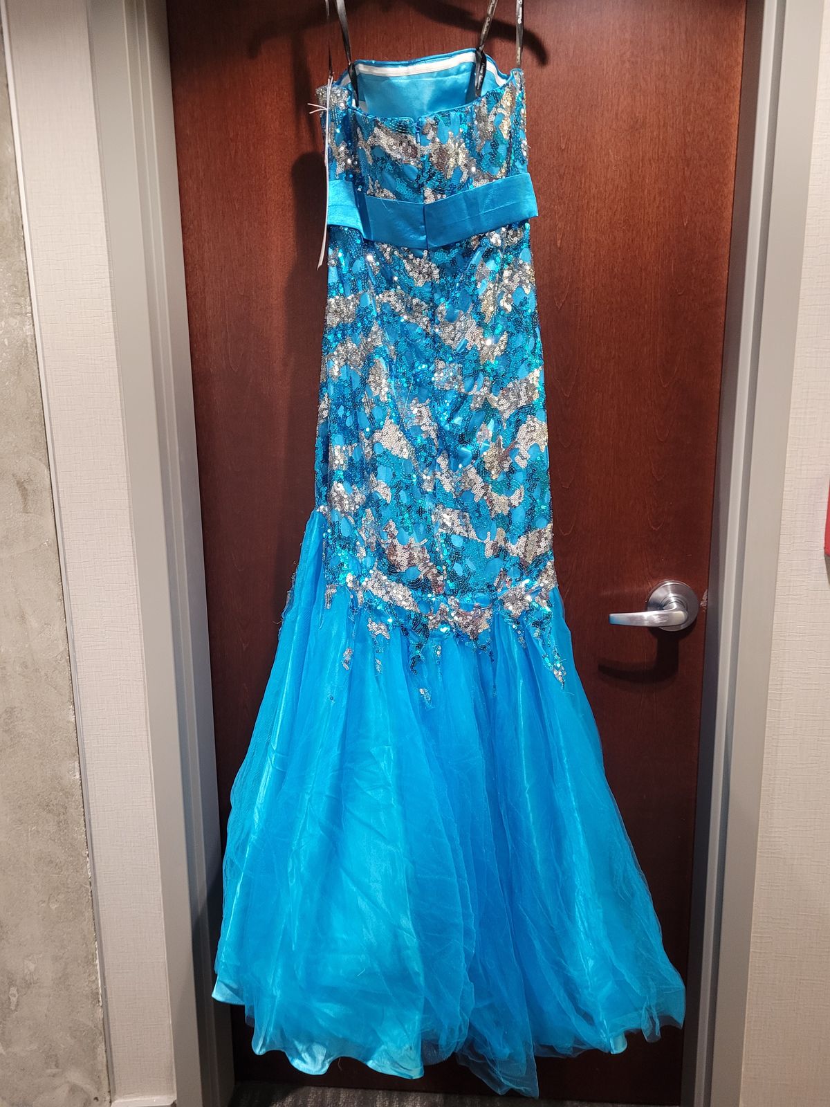 Style 2672 Partytime Formals/Rachel Allan Size 12 Sequined Turquoise Blue Mermaid Dress on Queenly