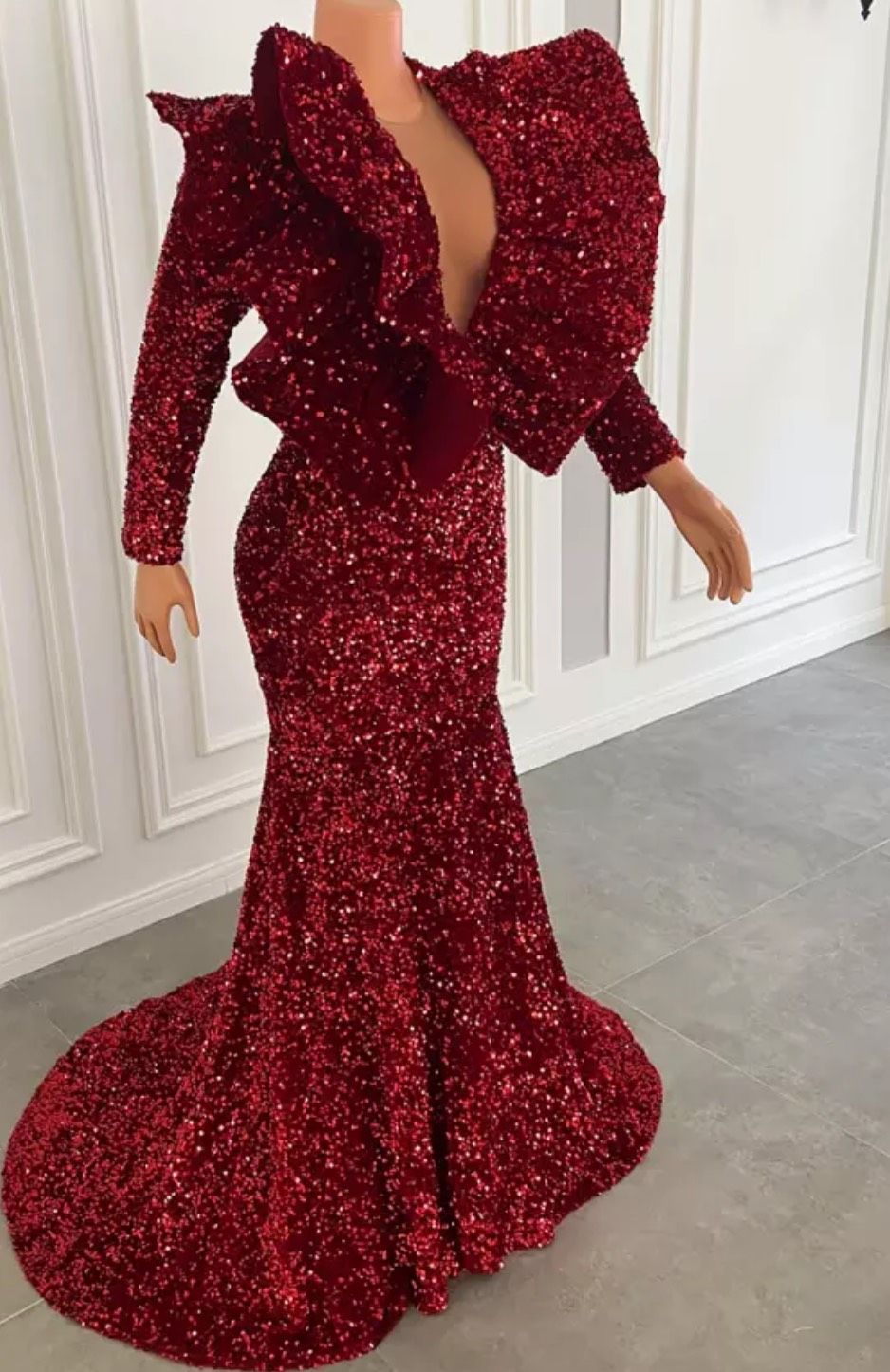 Plus Size 16 Prom Sequined Burgundy Multicolor Mermaid Dress on Queenly