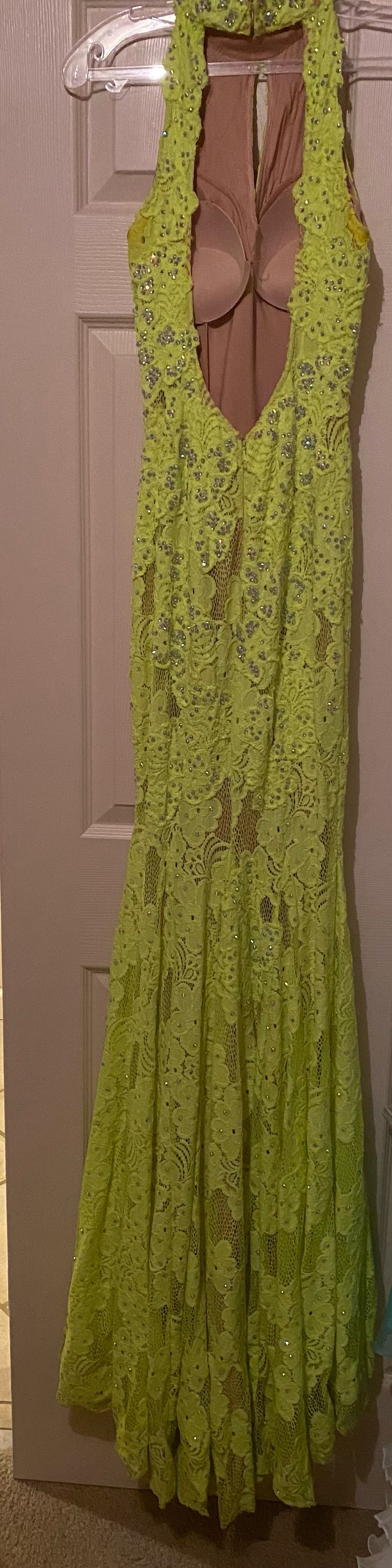 Jovani Size 0 Prom High Neck Lace Lime Green Floor Length Maxi on Queenly