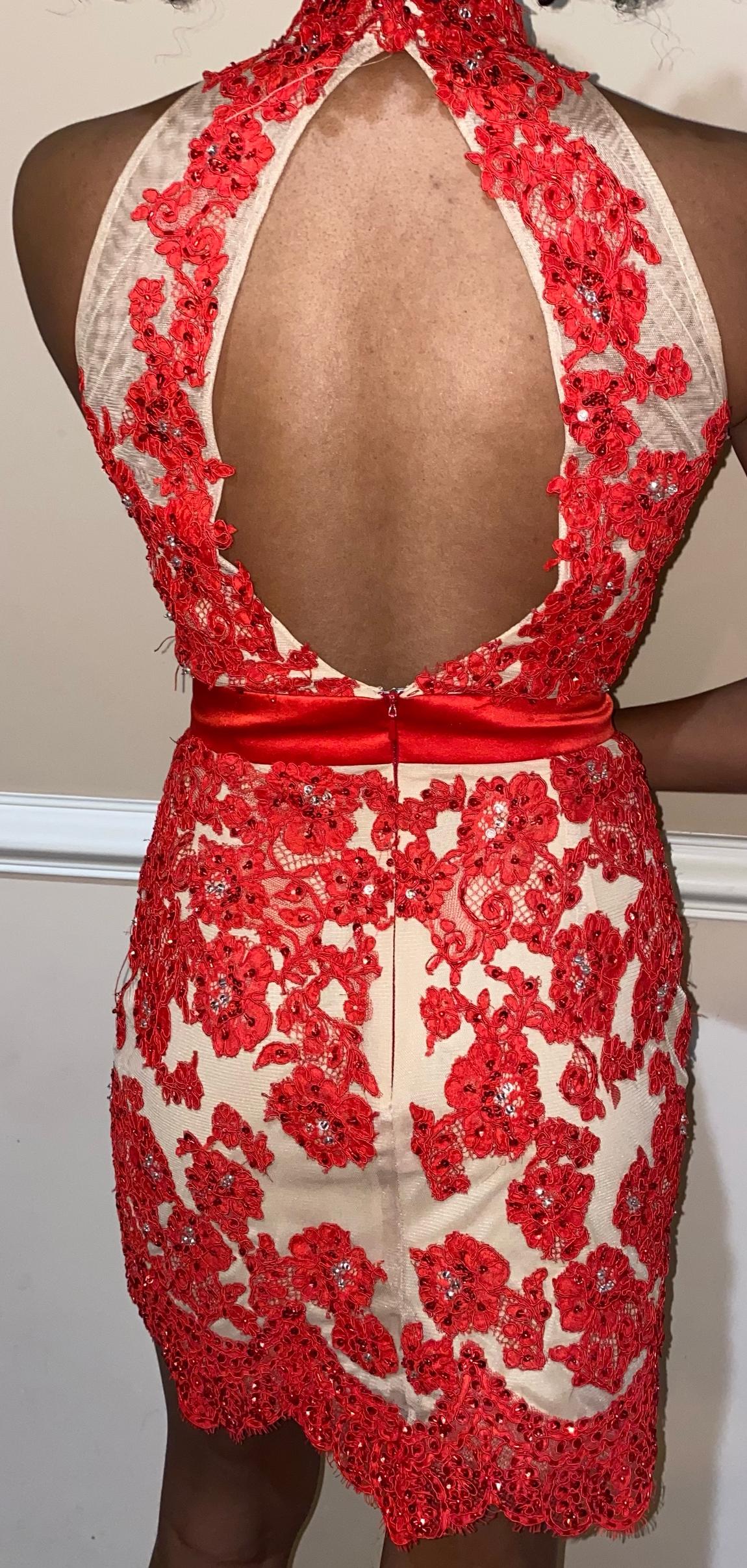 Sherri Hill Size 4 Prom Halter Lace Red Cocktail Dress on Queenly