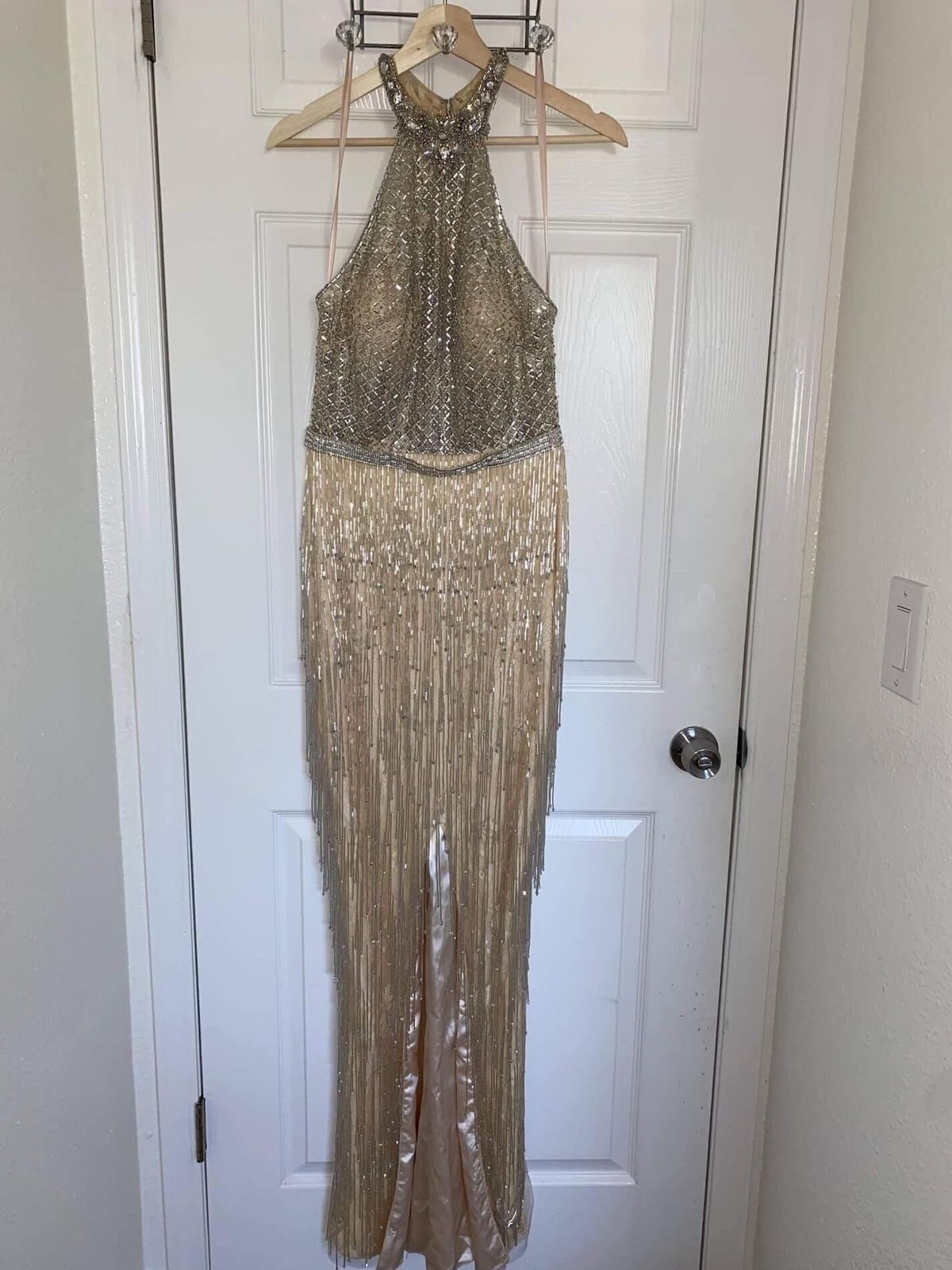 Size 4 Prom High Neck Sequined Nude Floor Length Maxi on Queenly