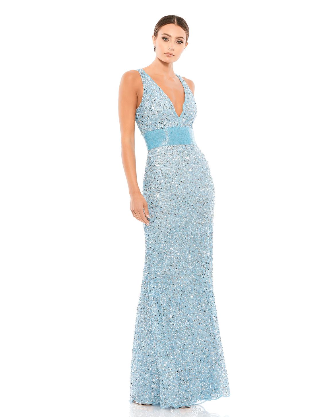 Style 4930 Mac Duggal Size 8 Plunge Sequined Blue Floor Length Maxi on Queenly