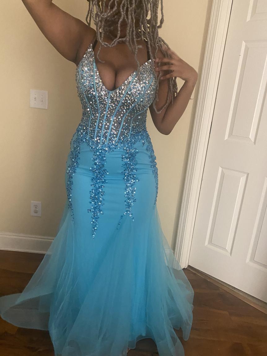 Jovani Plus Size 16 Prom Plunge Sequined Light Blue Mermaid Dress on Queenly