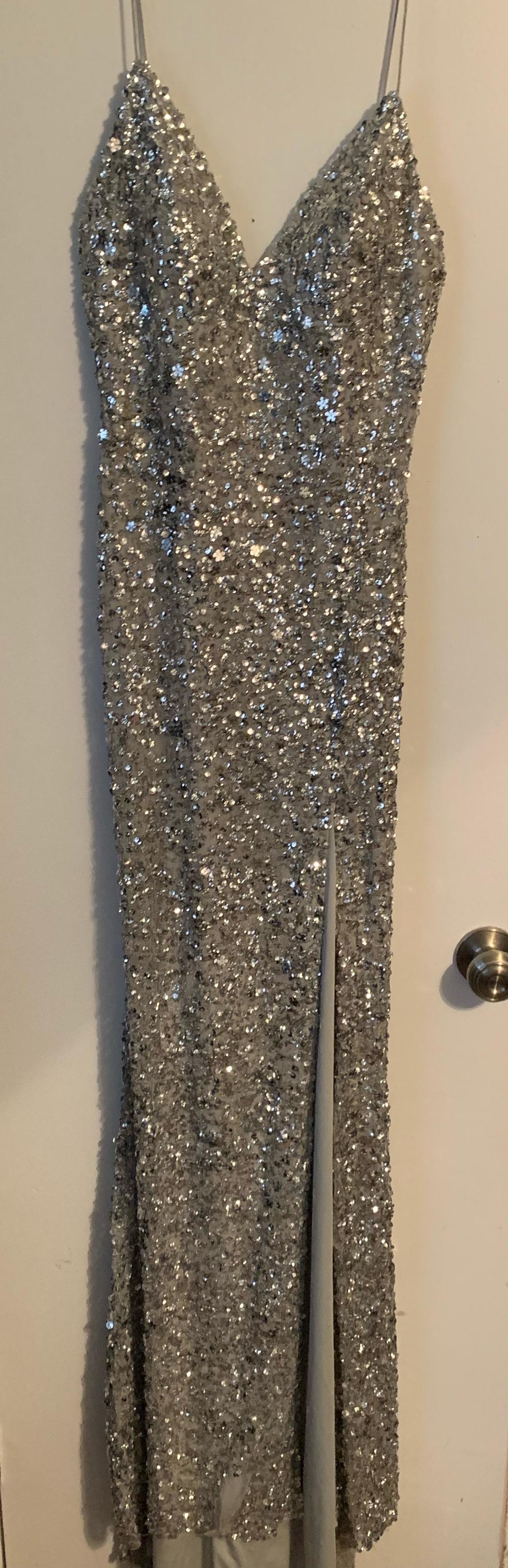 Sherri Hill Size 4 Prom Sequined Silver Side Slit Dress on Queenly