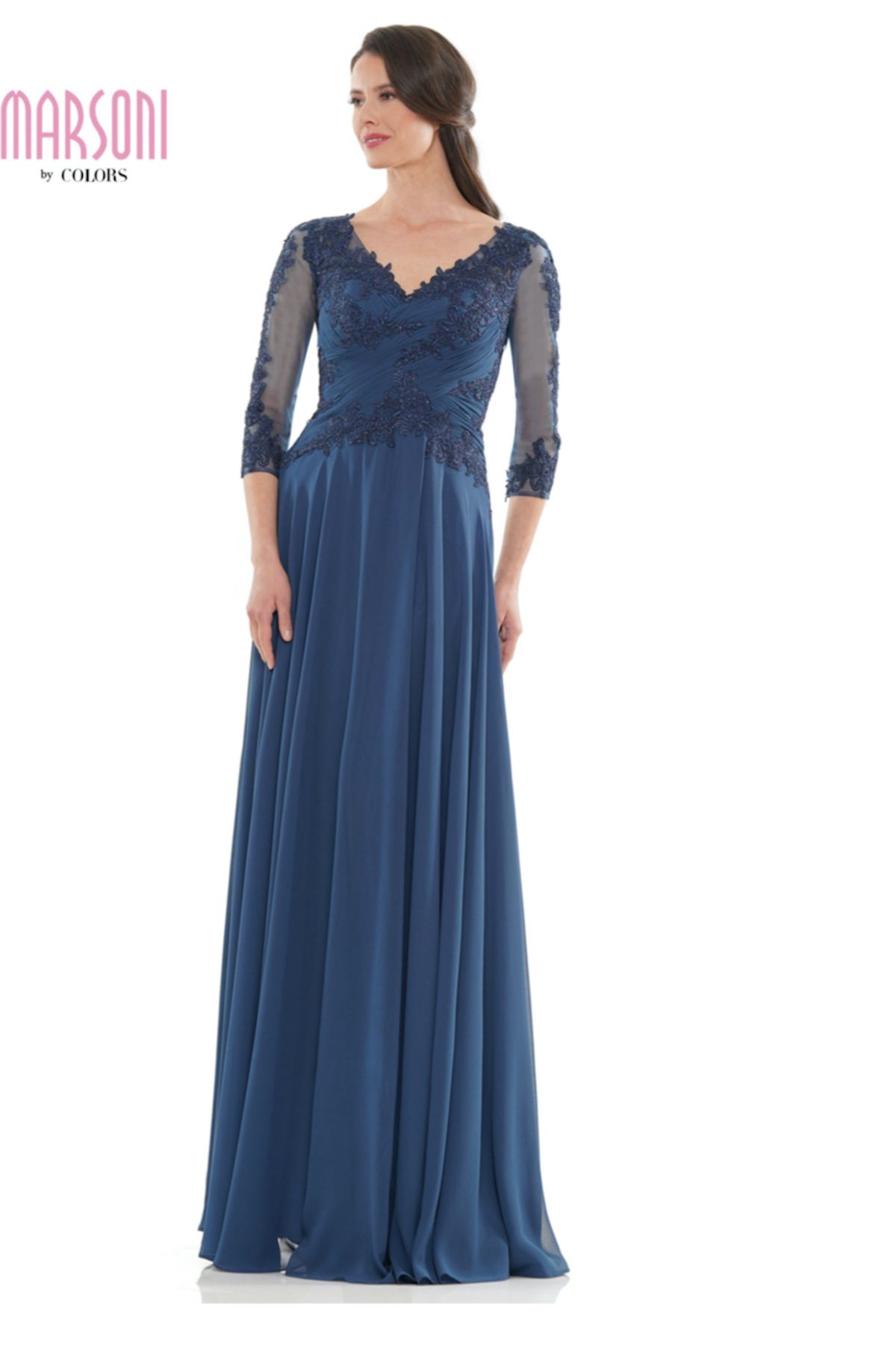 Style M237 Marsoni by Colors Dress Size 6 Bridesmaid Long Sleeve Lace Navy Blue Floor Length Maxi on Queenly