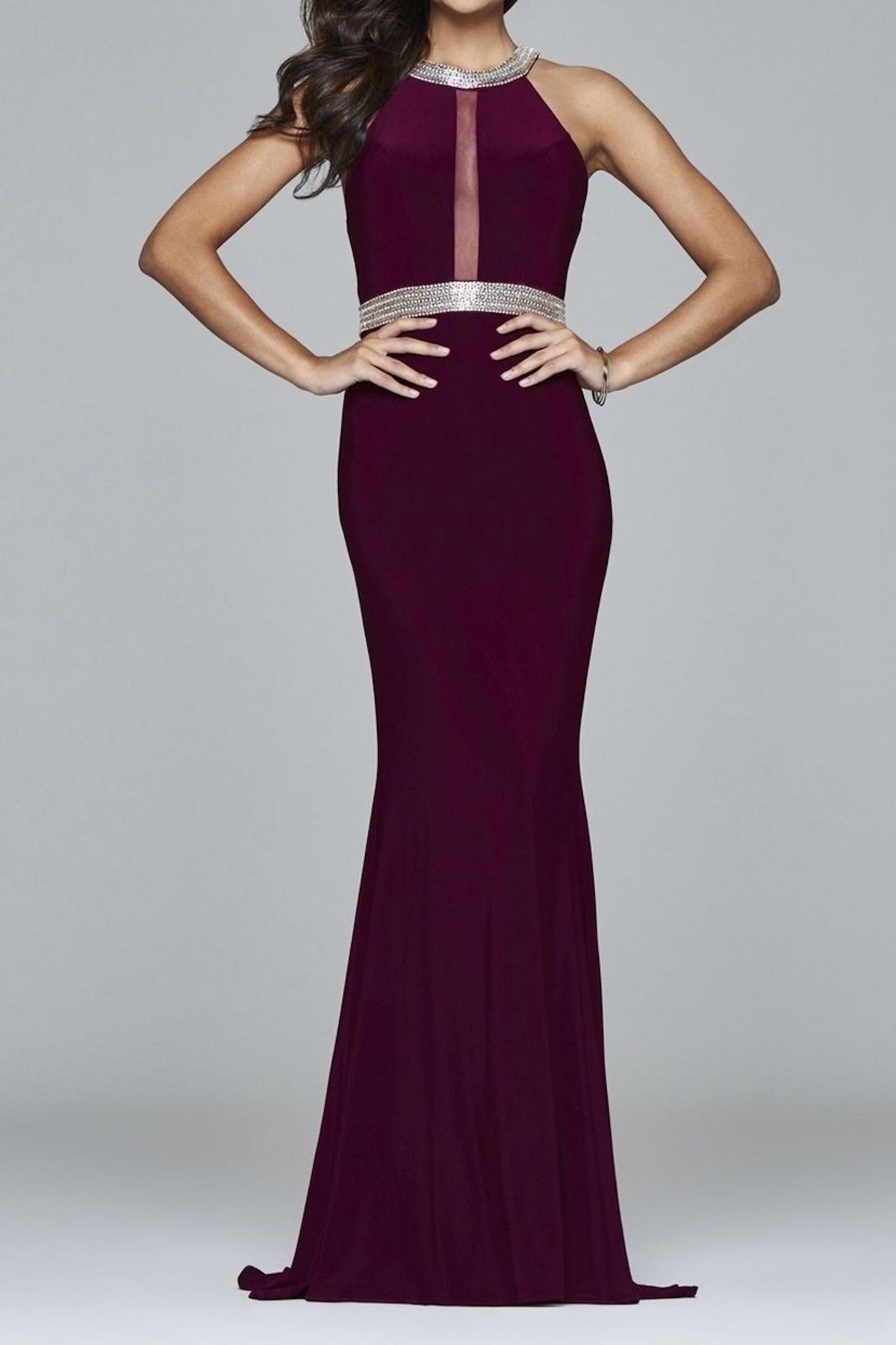 Style 7910 Faviana Size 8 Prom High Neck Sequined Burgundy Red Floor Length Maxi on Queenly