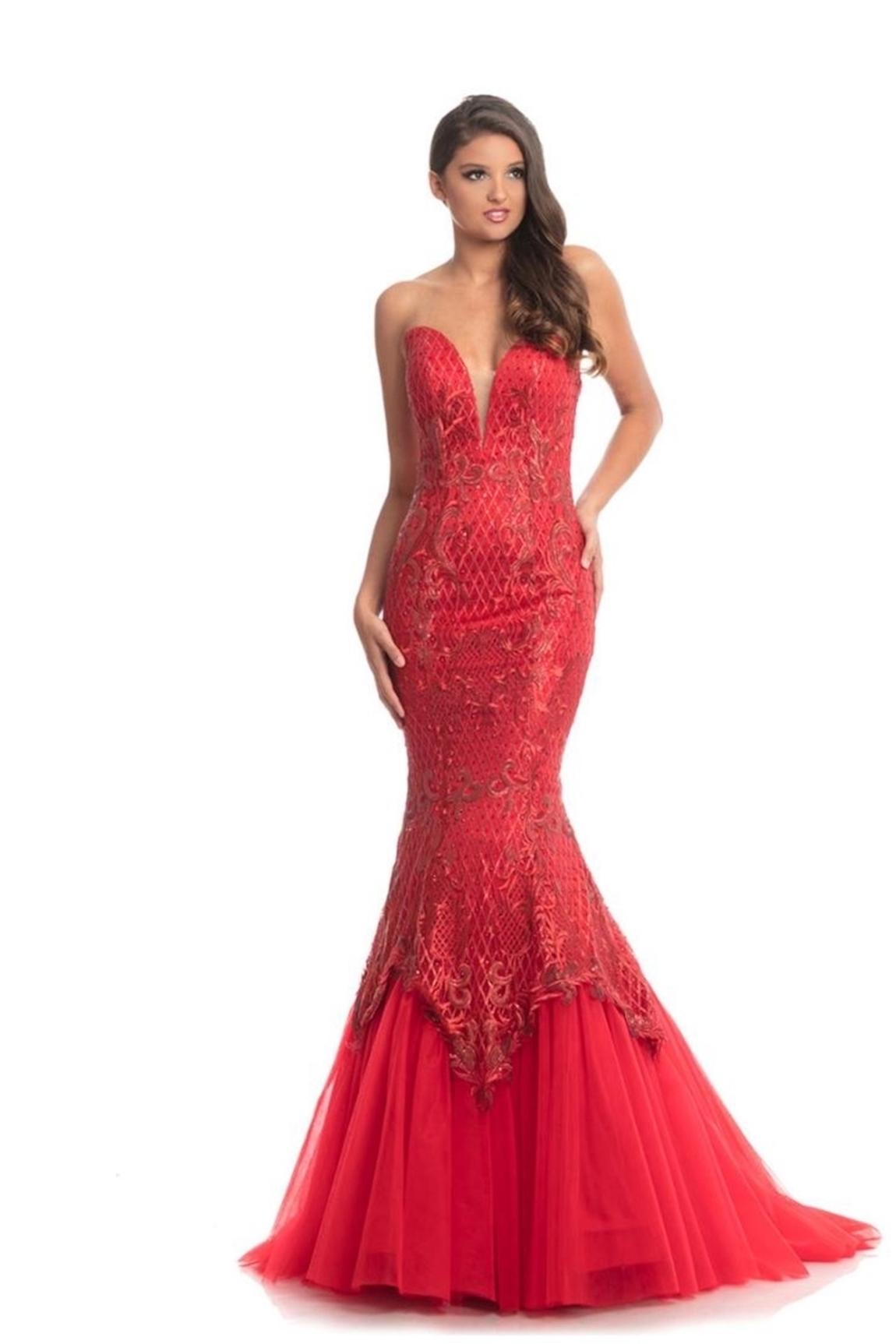 Style DARING STRAPLESS GOWN Johnathan Kayne Size 8 Prom Strapless Lace Red Mermaid Dress on Queenly