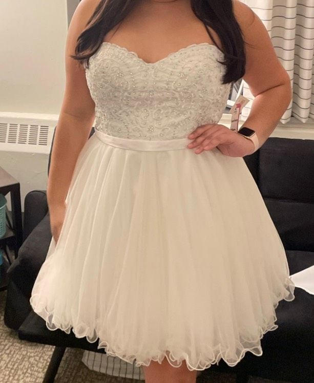 Cindy Plus Size 20 Strapless Sheer White Cocktail Dress on Queenly