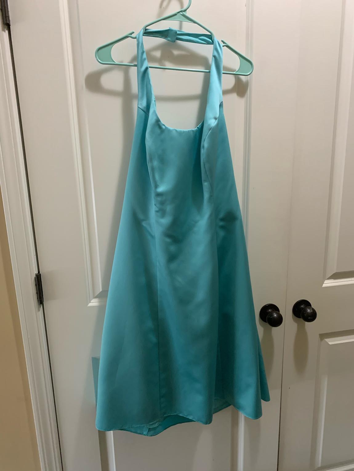 Plus Size 18 Halter Satin Turquoise Blue A-line Dress on Queenly