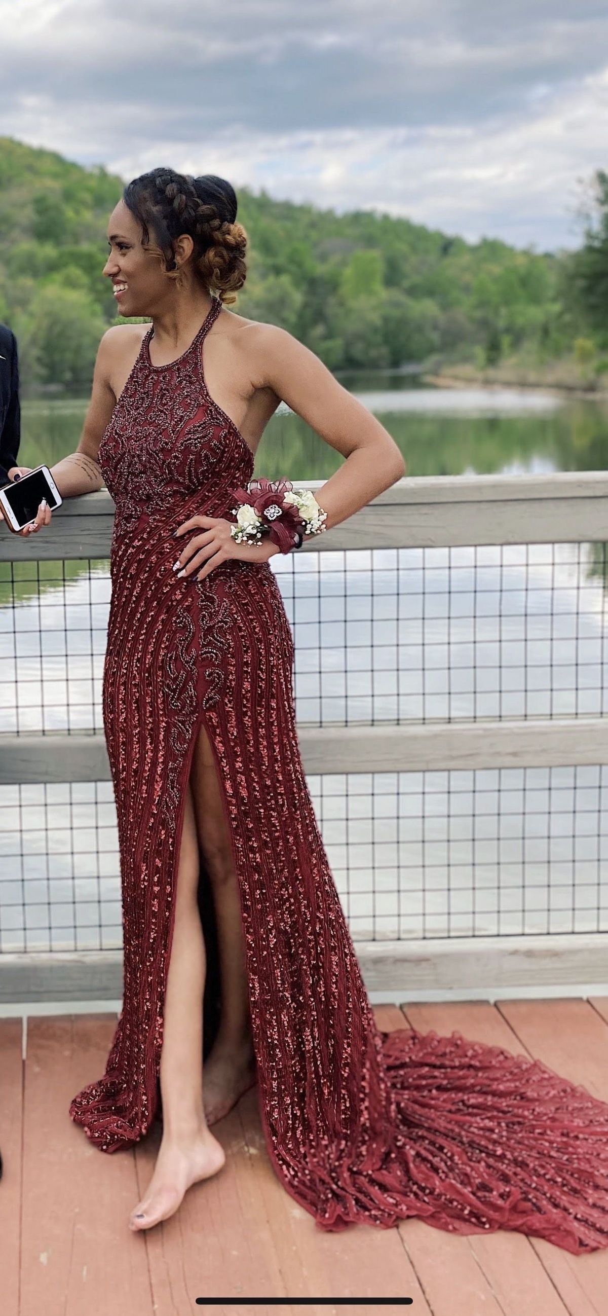 Sherri Hill Size 2 Prom High Neck Sequined Burgundy Red Floor Length Maxi on Queenly