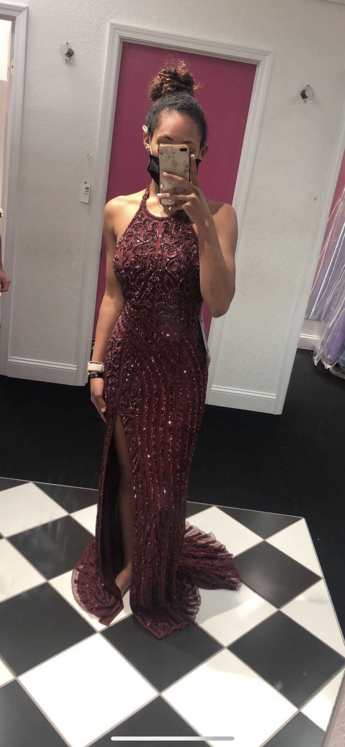 Sherri Hill Size 2 Prom High Neck Sequined Burgundy Red Floor Length Maxi on Queenly
