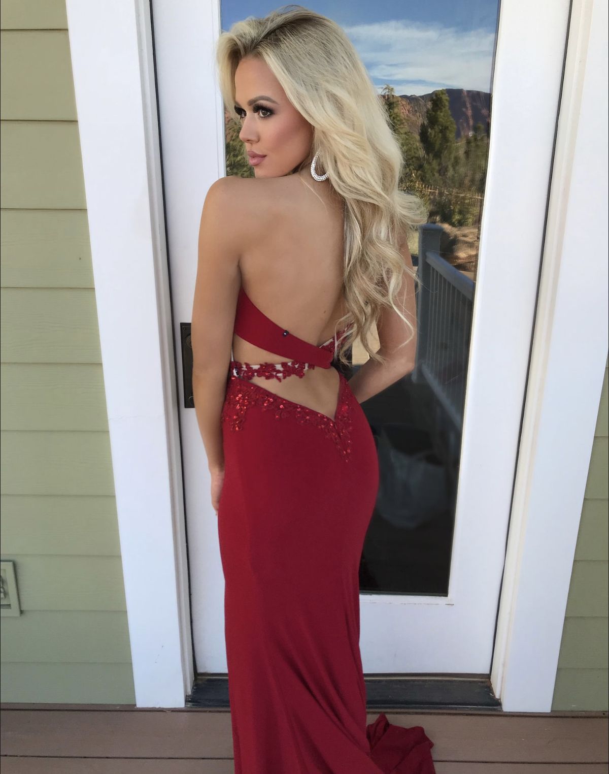 Style 16347 Brit Cameron Size 6 Sheer Red Side Slit Dress on Queenly