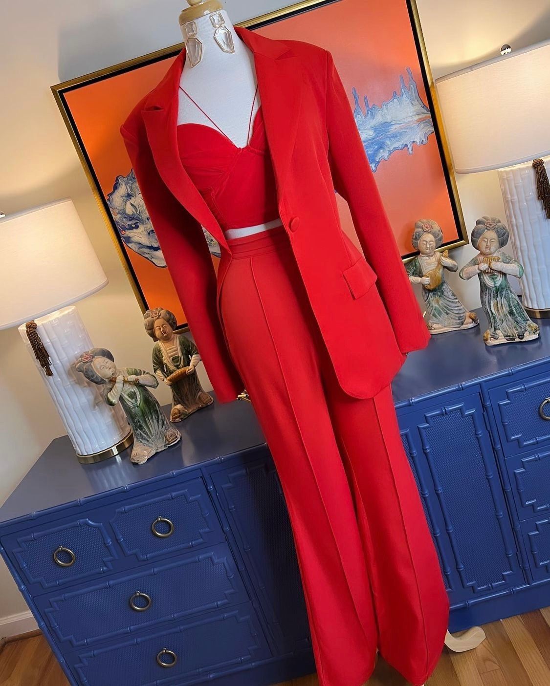 Size 0 Pageant Interview Long Sleeve Red Formal Jumpsuit on Queenly