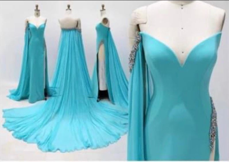 Jovani Couture Size 4 Prom Off The Shoulder Sequined Turquoise Blue Side Slit Dress on Queenly