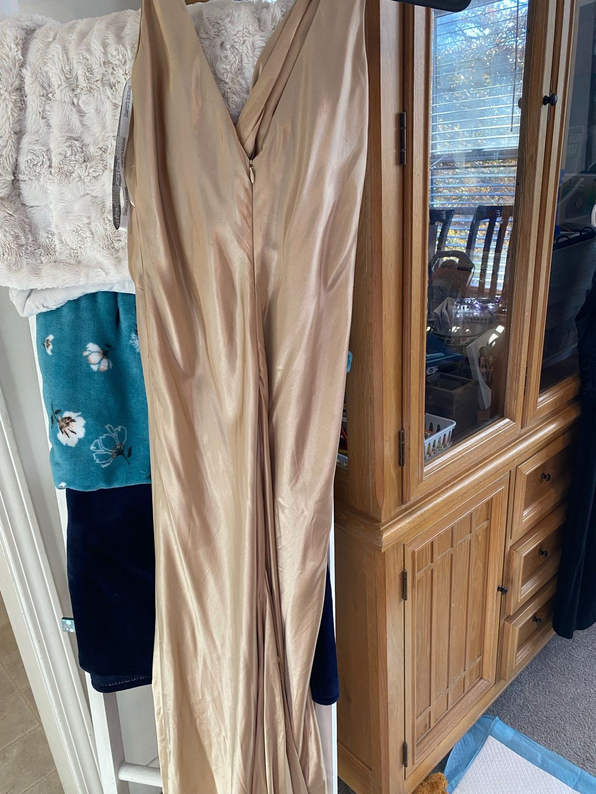 David's Bridal Size 12 Satin Gold Floor Length Maxi on Queenly