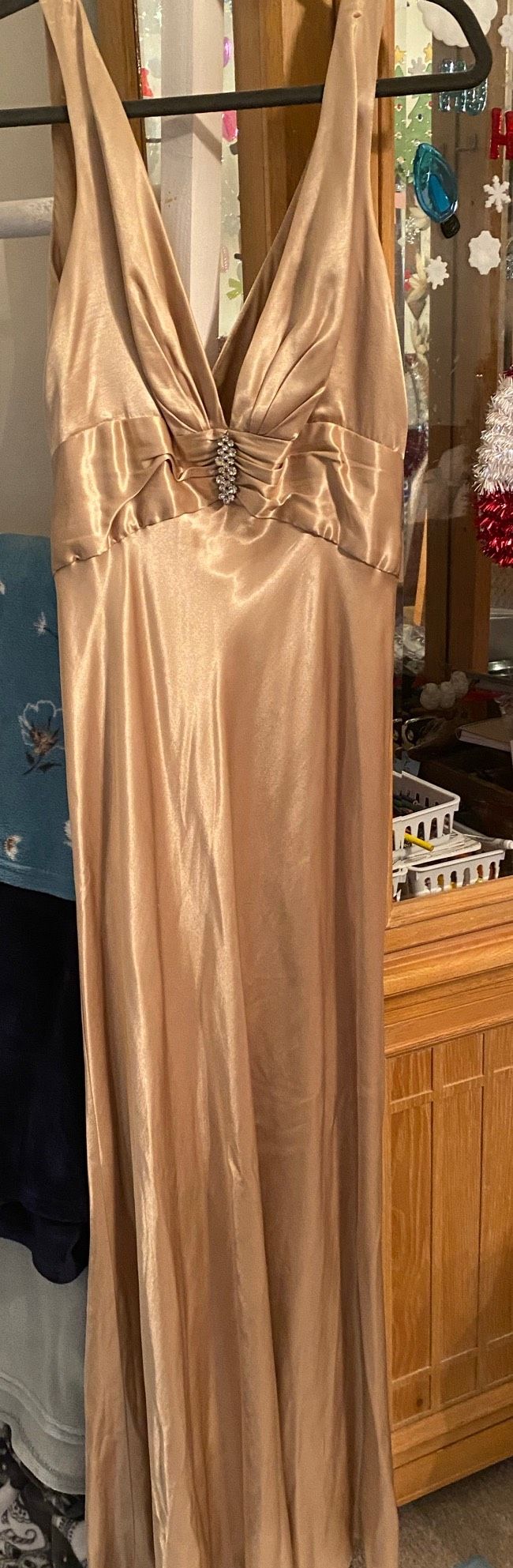 David's Bridal Size 12 Satin Gold Floor Length Maxi on Queenly