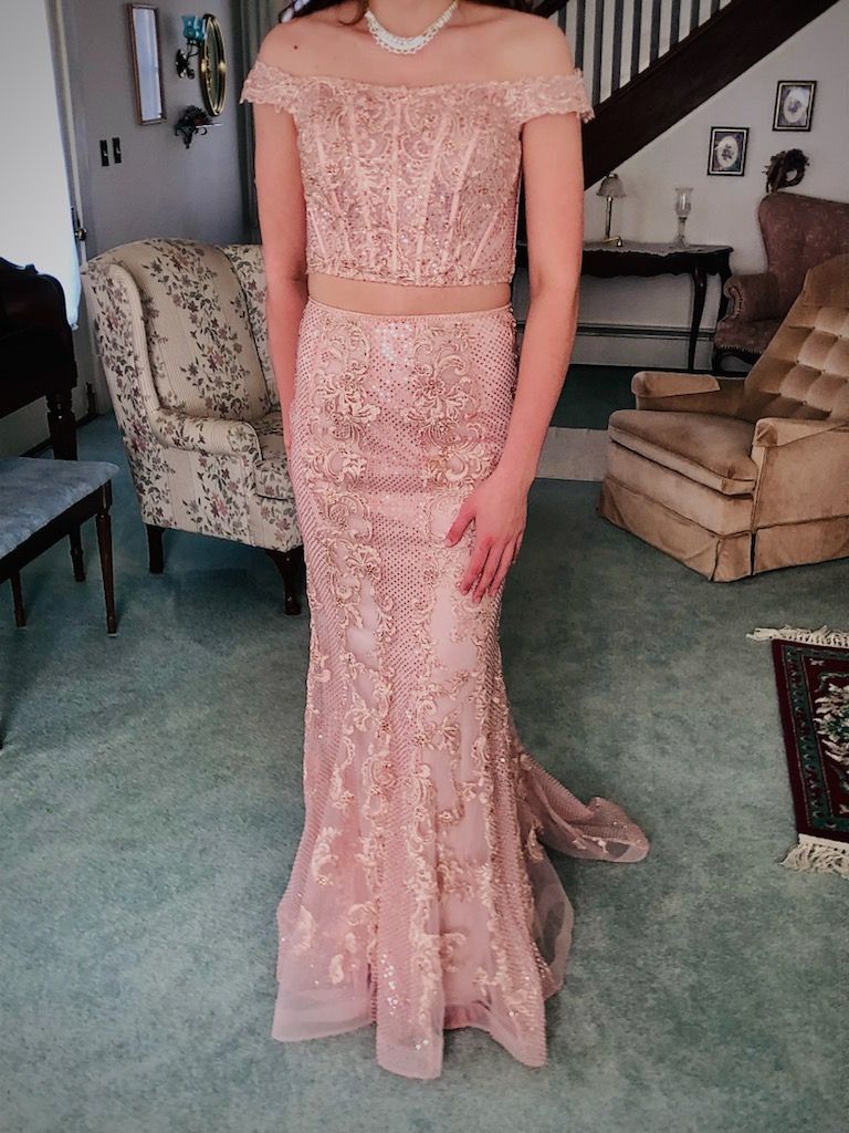 Ellie Wilde Size 12 Off The Shoulder Rose Gold Mermaid Dress on Queenly