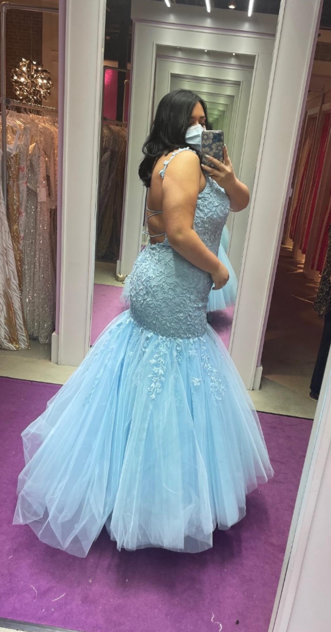 Sherri Hill Plus Size 16 Prom Lace Light Blue Mermaid Dress on Queenly