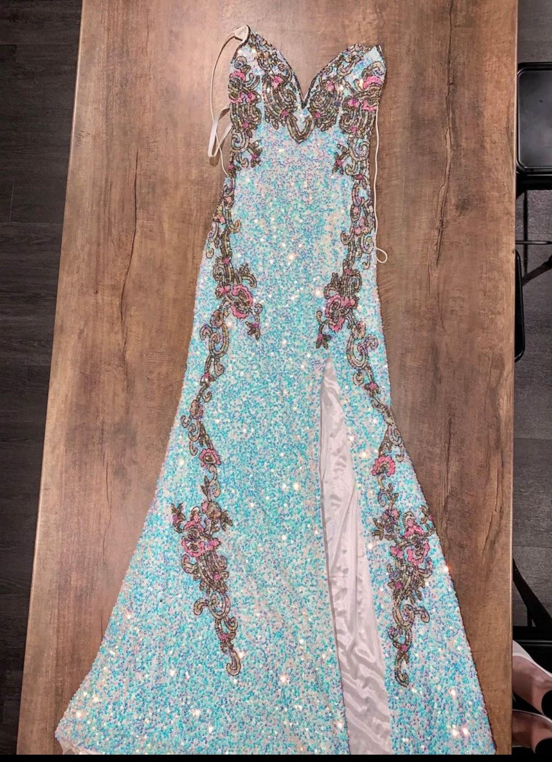 Primavera Size 8 Sequined Turquoise Blue Side Slit Dress on Queenly
