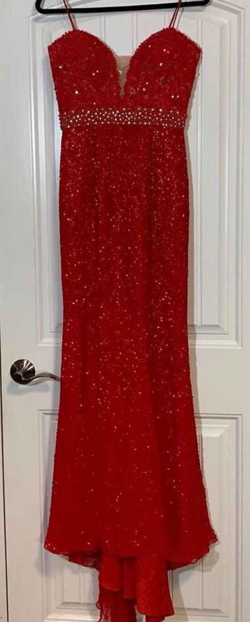 Sherri Hill Size 4 Prom Plunge Sequined Red Floor Length Maxi on Queenly