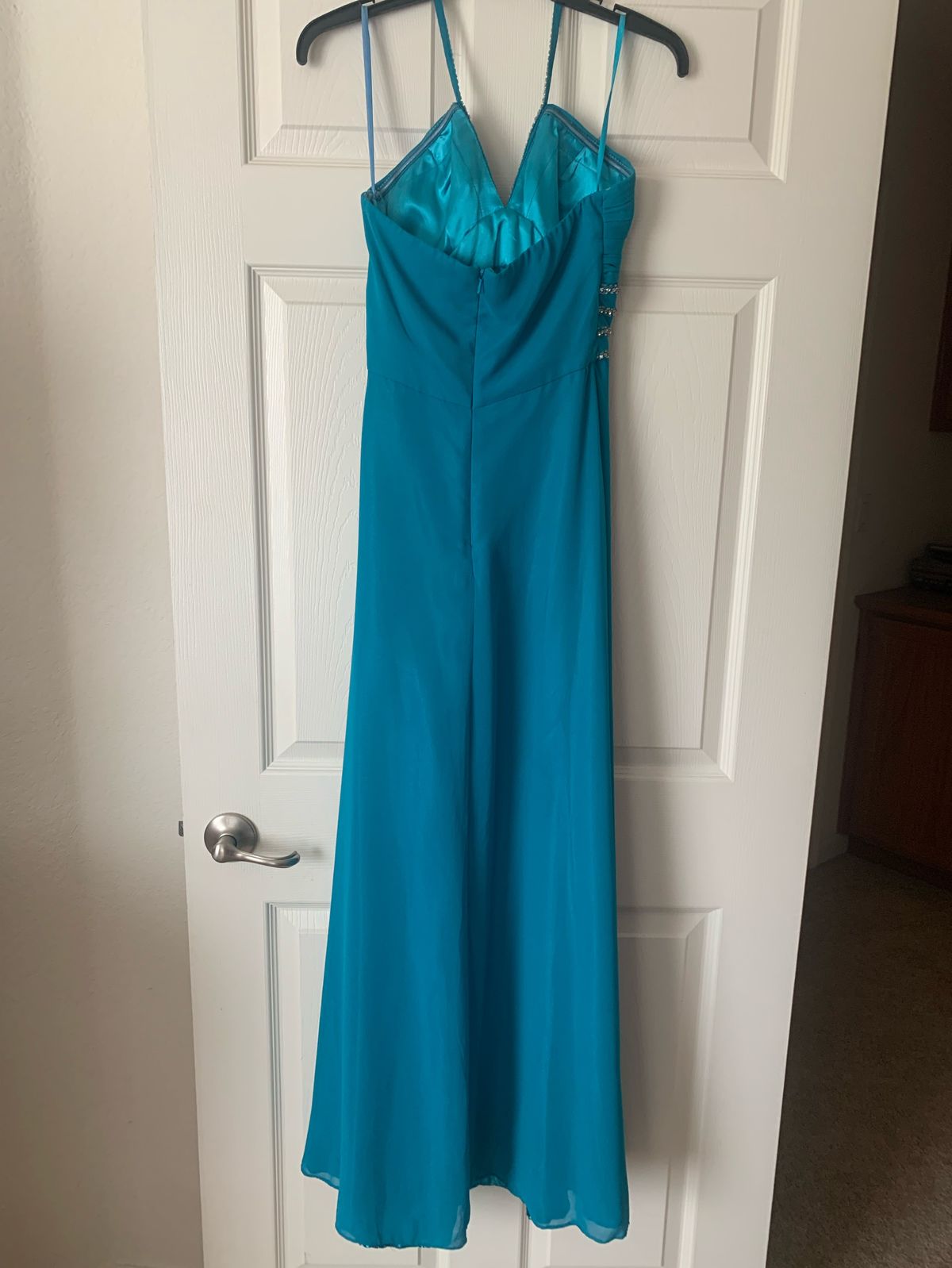 Size 4 Prom Halter Sequined Blue Floor Length Maxi on Queenly