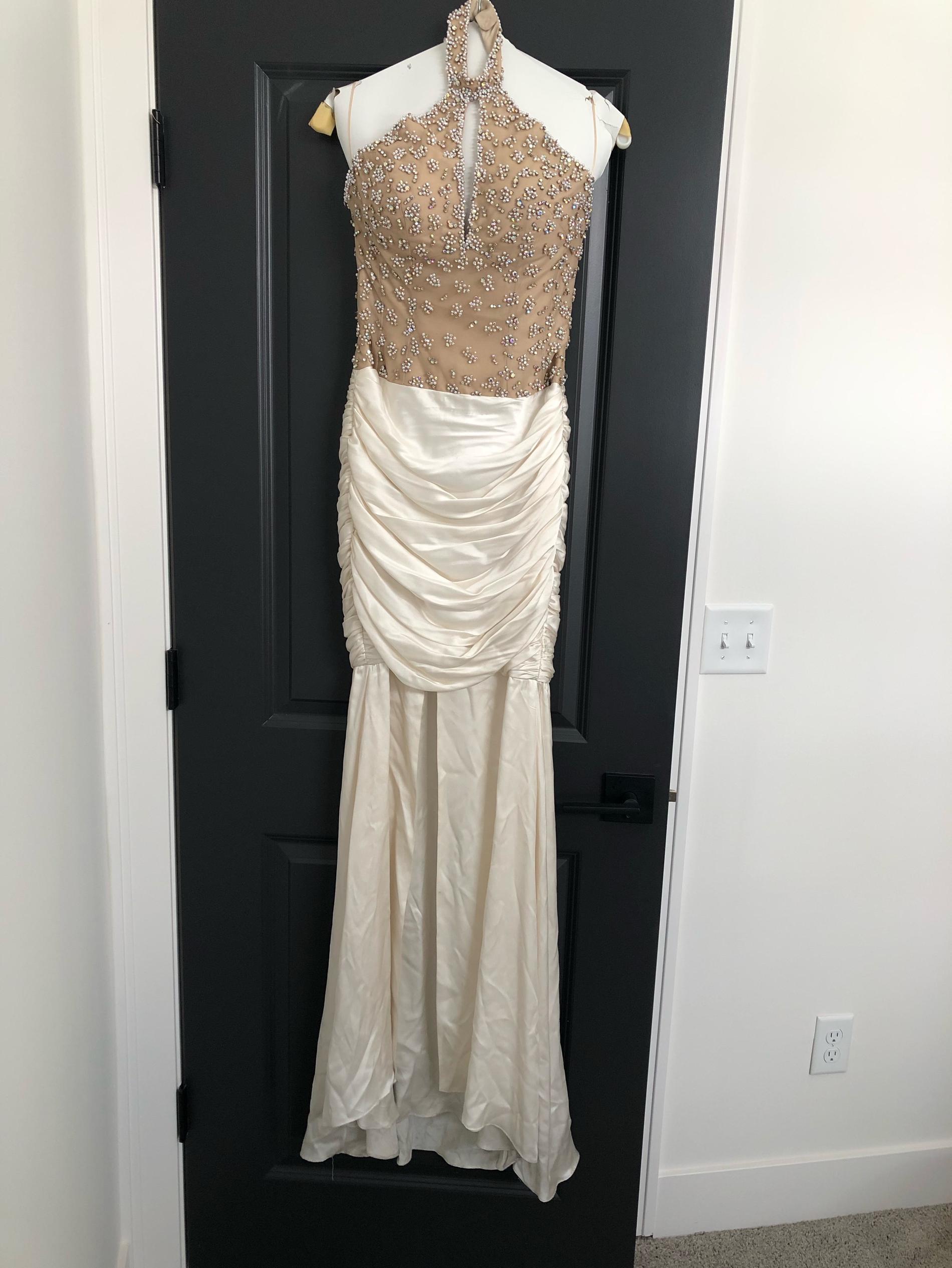 Jovani Size 4 Wedding High Neck Satin White Dress With Train on Queenly