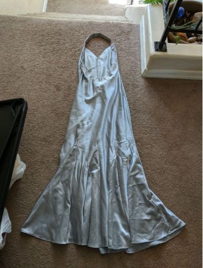 Betsy and Adam Size 6 Prom Halter Satin Silver Mermaid Dress on Queenly