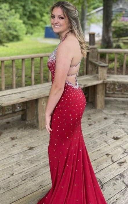 Jovani Size 0 Prom High Neck Sequined Red Floor Length Maxi on Queenly