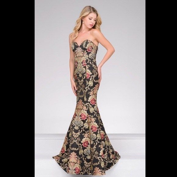 Jovani Size 2 Prom Strapless Floral Black Mermaid Dress on Queenly